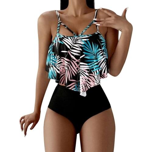 Hot Selling Women’s Sexy Two Piece Bikini Suits Fashion Printing Suspender Tops and Solid Color High Waist Thong Swimsuits