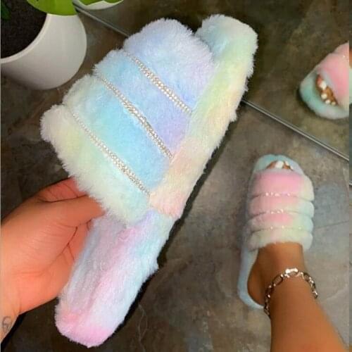 Fashion Winter Furry Slippers Womens Rhinestone Decor Warm Slipper Crystal Soft Ladies Slippers Women Shoes for Women 2021