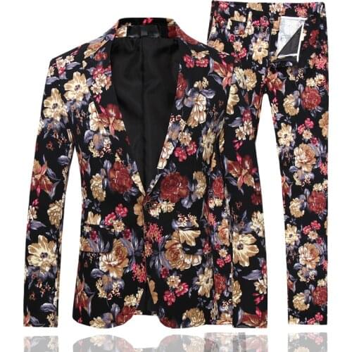 Jacket Pants Men Business Casual Slim Suit 2 Pieces Sets Fashion Flower Printed Tuxedo Wedding Formal Dress Blazer Floral Coat