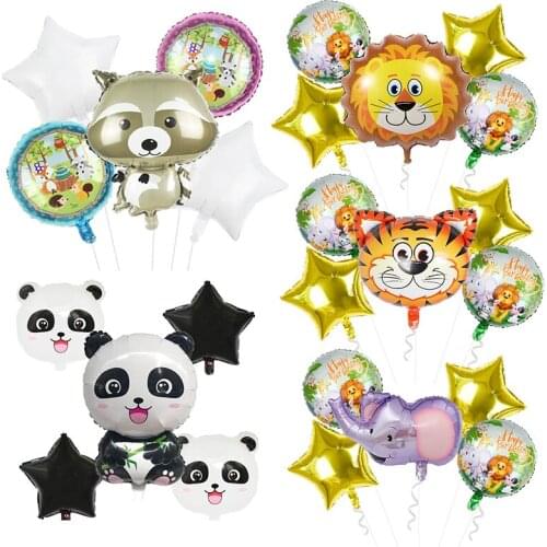 5pcs Safari Animal Theme Foil Balloon Set Tiger Panda Raccoon Ballons Gold Star Globos for Kids Birthday Party Decoration Favor