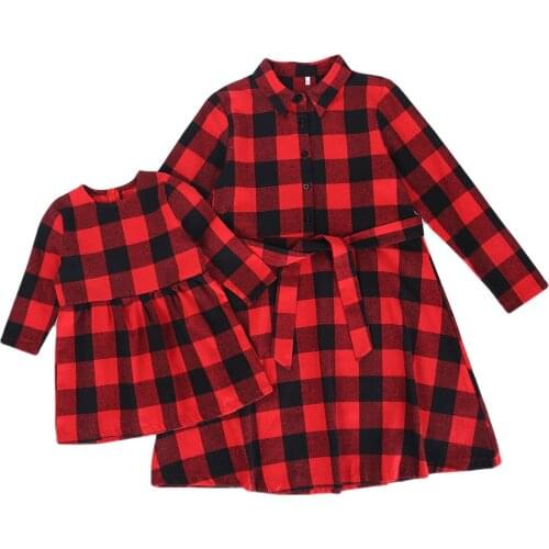 Citgeett Autumn Family Matching Dress Plaid Turn-Down CLong Sleeve Dress for Kids Adults Black White/Red Black Clothes