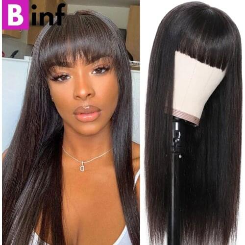 BINF Straight Human Hair Wigs With Bangs 8-24 Inches Brazilian Remy Full Machine Made Wig Natural Black 2021 Fashion Wig Trends
