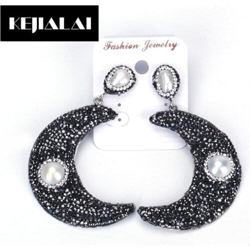 KEJIALAI Rhinestone Drop Earrings Moon Shape Accessories Vintage Ethnic Style Bohemian Jewelry Fresh Water Pearl Charm Best Gift