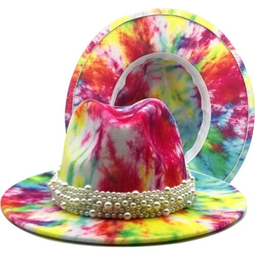 Fedoras tie dyed fedora hat felt hat for women color mixed jazz hatchapeau femme шляпа женская sombreros de mujer pearl hat