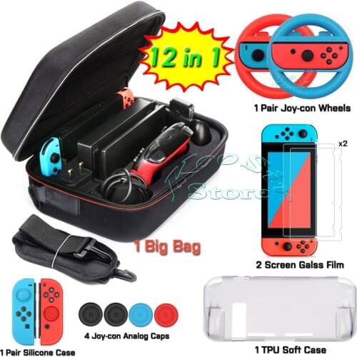 Nintend Switch Carrying Storage Bag + TPU Case + Tempered Glass Film + Joycon Grips Wheels + Silicone Case for Nintendo Switch
