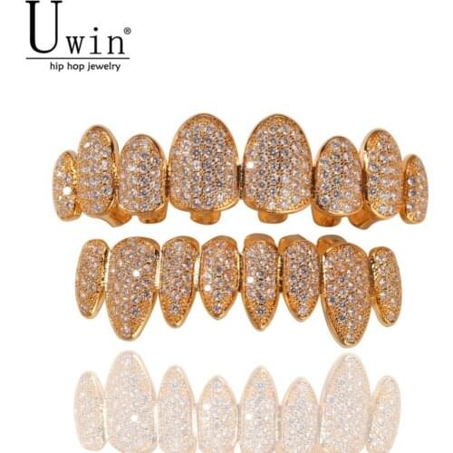 UWIN Iced Out AAA Zircon Micro Pave Teeth Grills Caps Top & Bottom Grills Set Hiphop Men Women Fashion Jewelry