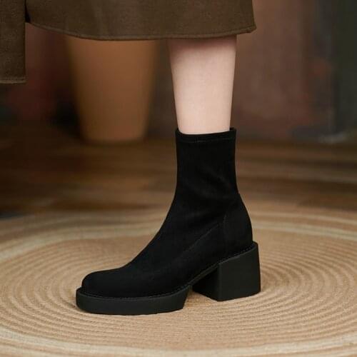 Stretch Flock Women Boots Winter Fashion Slip-On Round Toe Chunky Heel Ankle Boots Handmade Women Shoes Platform Stretch Boots