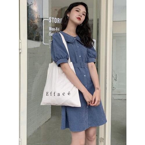 Spring Autumn New Arrival Blue Peter Pan Collar Waisted Dresses Slim Elegant Temperament Quality