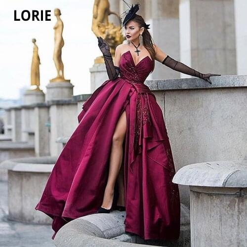 LORIE Burgundy Satin Evening Dresses Long 2020 Luxury V-Neck Lace Appliques Celebrity Prom Party Gowns Lac-up Communion Dresses