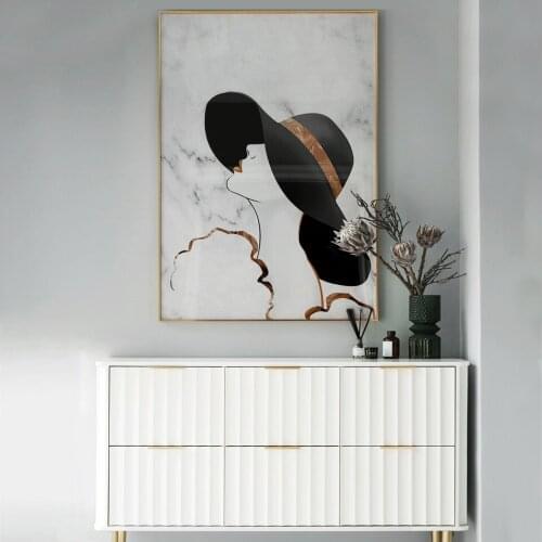 Abstract Wear A Hat Of Elegant Iady Drawing Nordic Style Figure Posters Prints Modern Canvas Painting Wall Art Girl Wall Pictur