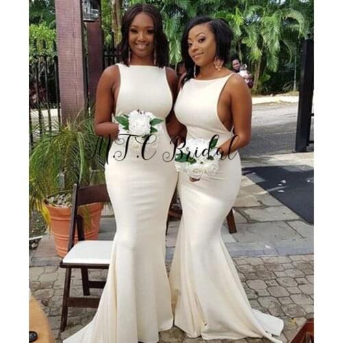 White Mermaid Sexy Bridesmaid Dresses Sleeveless Elastic Satin Long African Women Wedding Party Dress 2019 Custom Made