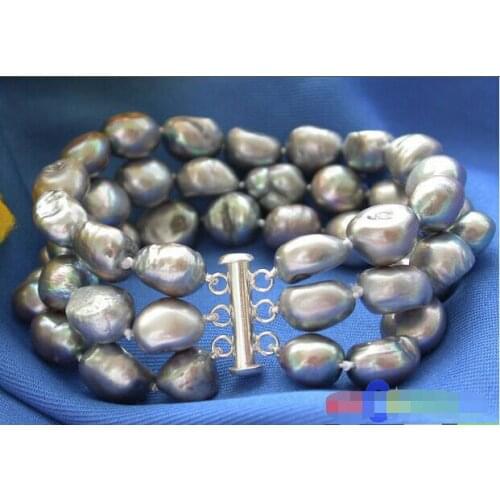 3ROW 13MM GRAY BAROQUE FRESHWATER PEARL BRACELET 925SC P2082 @^Noble style Natural Fine jewe SHIPPING new >>-hot