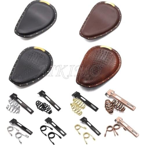Black/Brown Cafe Racer Motorcycle PU Leather Rivet Style Solo Seat + 3" Spring Swivel Bracket Universal for Harley Custom Bobber
