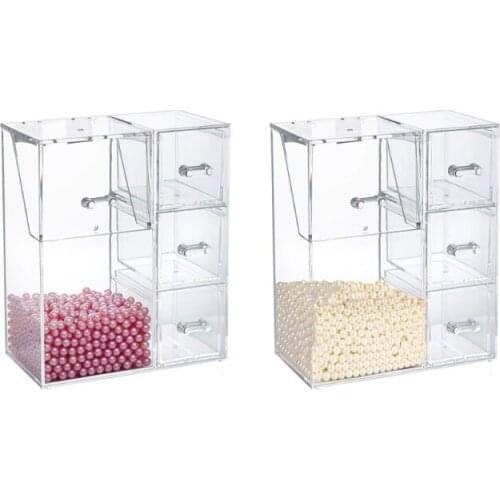 Makeup Brush Holder with Dustproof Lid Drawer Box Free Pearls Acrylic Clear Cosmetic Organizer for Vanity Cotton Pads Storage