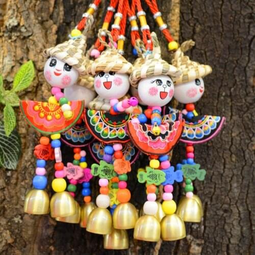 Ethnic Embroidery Straw Hat Sunny Day Doll Wind Chimes Car Pendant Hand-woven Wind Chimes Outdoor Garden Ornaments Christma Gift