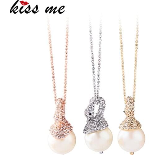 KISS ME 3 Colors Swan Rhinestone Imitation Pearl Pendant Necklace Fashion Jewelry Chic Simple Women Bijoux