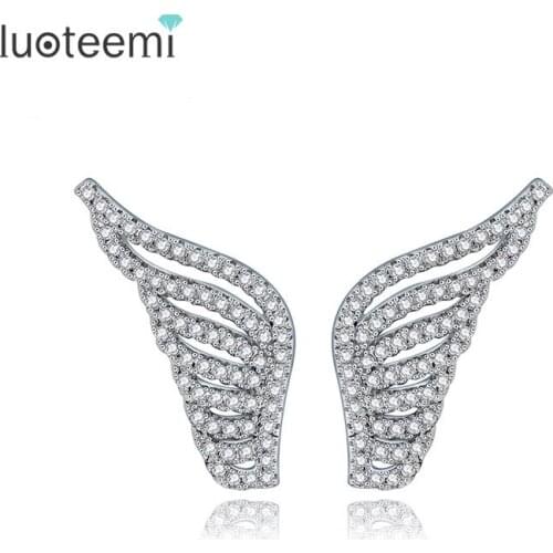 LUOTEEMI Hot Selling Fashion CZ Crystal Micro Pave Angle Wings Stud Earrings For Women Girls White Gold-Color Jewelry