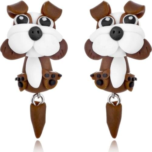 New 100% Handmade Polymer Clay Cute Brown Pug Earrings for Women Lovely Animal Pet Dog Piercing Ear Stud Earring