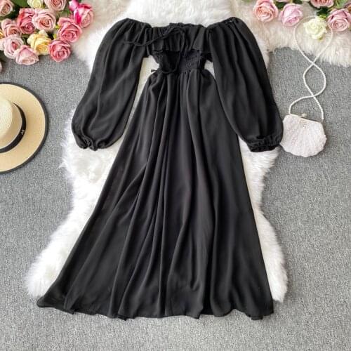 Boho Elegant 2021 Slash Neck Solid Black Spring High Waist Luxury Autumn Dress Party Dresses Women Long Sleeve Vintage A-Line