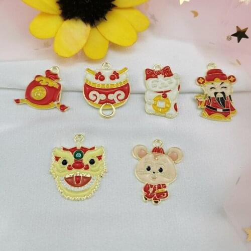 10pcs Chinese Style Happy New Year Enamel Charms DIY Bracelet Cartoon Pendant Oil Drop Gold Metal Finding Jewelry Accessories