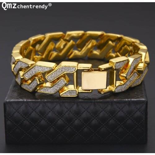 Hip Hop Mens Luxury Simulated Gemstone Exquisite Bracelets Bangle Gold Bling Iced Out Miami Cuban CZ Rhinestone Bracelet