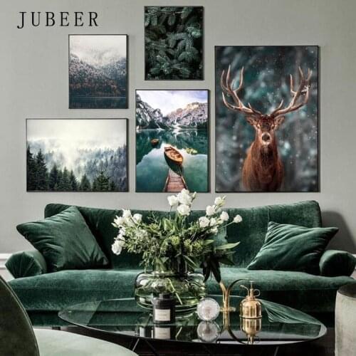 Nordic Fog Forest Deer Animal Canvas Wall Art Print Painting Mountain Lake Landscape Poster Nature Decorative Picture Home Decor
