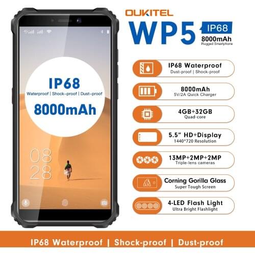 OUKITEL WP5 5.5 Inch 4G Rugged Smartphone IP68 Waterproof MT6761 Quad Core Mobile Phone 4GB 32GB 8000mAh Cellphone Triple Camera