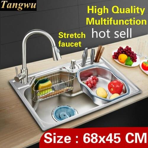 Free shipping Home luxury kitchen single trough sink high capacity stretch faucet wash vegetables 304 stainless steel 68x45 CM