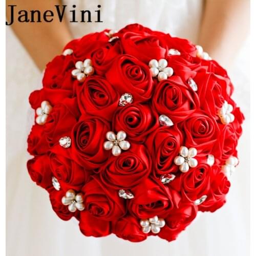 JaneVini Red Crystal Bridal Bouquets For Wedding With Pearls Artificial Wedding Flower Rose Bride Brooch Bouquets Buque De Noiva
