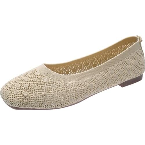 Stretch Knit Fabric Shoes Hollow Fabric Ballet Flats Patchwork New Women Flat Heel Anti Skid Breathable Loafer Female