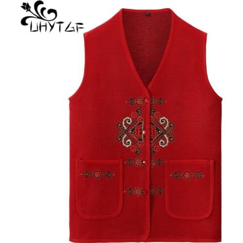 UHYTGF Knitted Cardigan Women Middle-Aged Elderly Spring Autumn Sweater Vests Jacket Single-Breasted Vintage Thin Waistcoat 1224