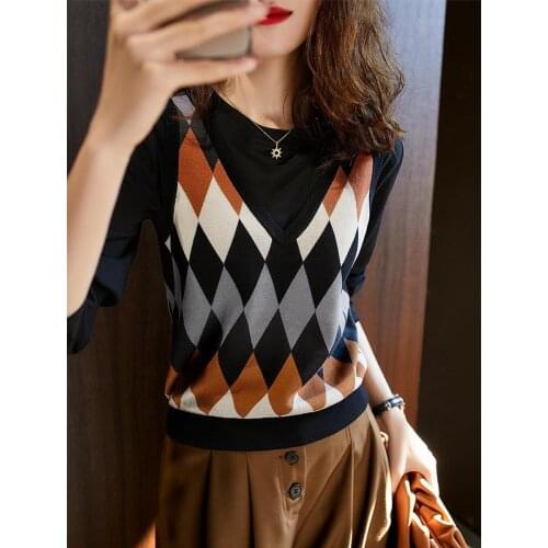 Womens fashion 2020 new fashion warm diamond lattice knitted vest with shirt