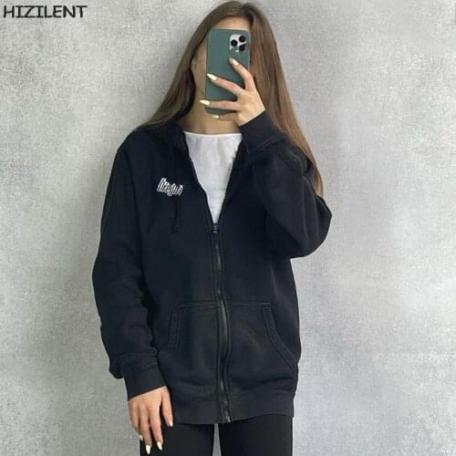 Indie 90s Streetwear Fashion Hoodies Y2k top Women Grunge Solid Sweatshirts Letter Long Sleeve Pockets Zip-up Hoody Outwear 2021
