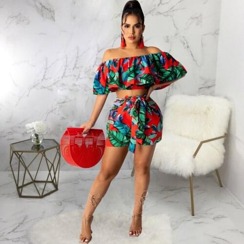 Womens Set Summer Leaves Print Ruffles Pleated Crop Top and High Waist Beach Short Vintage Off The Shoulder Two Piece Outfits