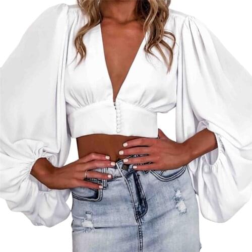 New Sexy Women V Neck Solid Shirt Puff Sleeve Crop Tops White Long Sleeve Blouse Ladies Tops
