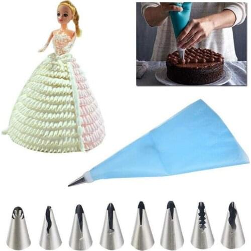 10pcs/set Wedding Cake Decorating Icing Stainless Steel Russian Nozzles Skirt Cake Nozzles Piping Tips Pastry Silicone Cake Bags