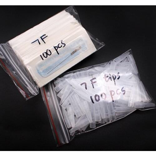 100Pcs 0.35x 50mm 7F Traditional Eyebrow Tattoo Machine Needles and 100Pcs Needle Caps For Permanent Makeup