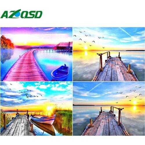 AZQSD DIY Diamond Painting Bridge Sunset Cross Stitch Kits Diamond Embroidery Landscape Mosaic Handicraft Decor For Home
