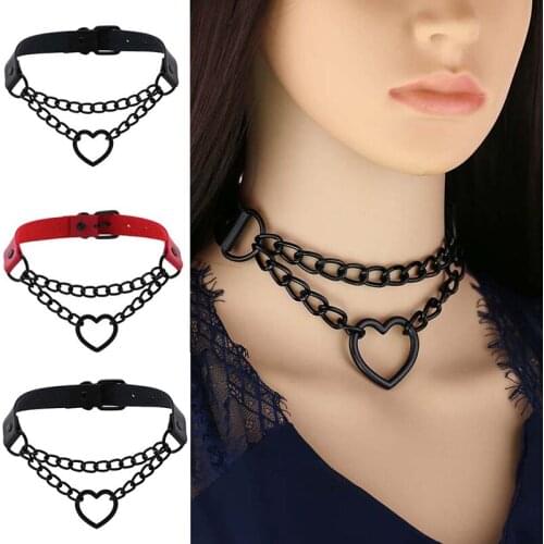 1PCS Women Hiphop Cosplay Punk Gothic Leather Choker Metal Chain Harajuku Adjustable Heart Necklace Fashion Jewelry Hot