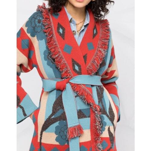 Jastie 2021 Winter Womens Sweater Cardigan Jacket Flower Stitching Pattern Tassel Decoration Lapel Boho Cardigan Coat Outerwear