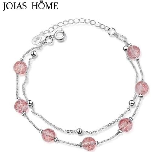 JoiasHome Trendy Natural Strawberry Quartz Silver 925 Jewelry Gemstones Bracelet for Women Simple design Lucky stone Gift party