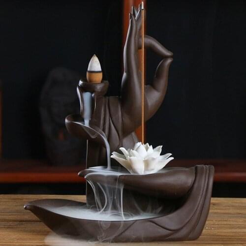 Ceramic Ornament ,Lotus Hand &Buddha Design Backflow Incense Burner for Home