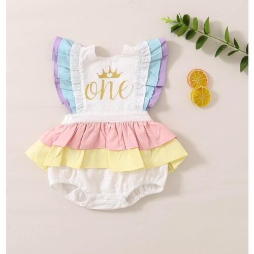 Emmababy Newborn Baby Girl Clothes Ruffled Lace Sleeveless Golden Letter Crown Print Jumpsuit One-Piece Birthday Cotton Romper