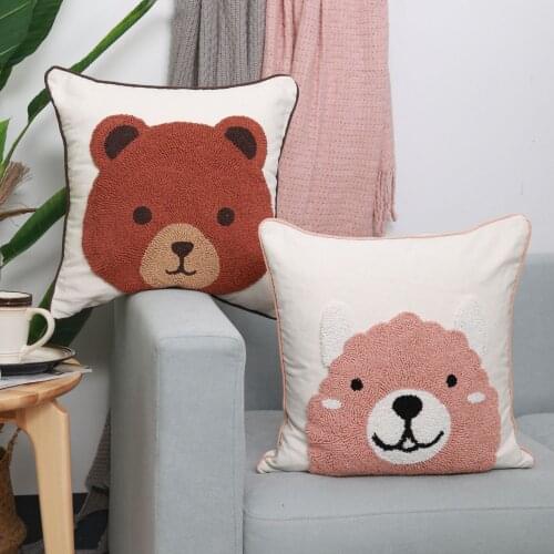 Cartoon Animal Embroidered Tufted Cushion Covers Brown Bear Pillow Cover Decorative Throw Pillow case Living Room Home Decor