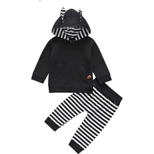 2020 New 2PCS Newborn Toddler Infant Kid Gift Baby Boy Girl Clothes Little Ear Hoodie T-shirt Top+Pants Striped Outfit Set