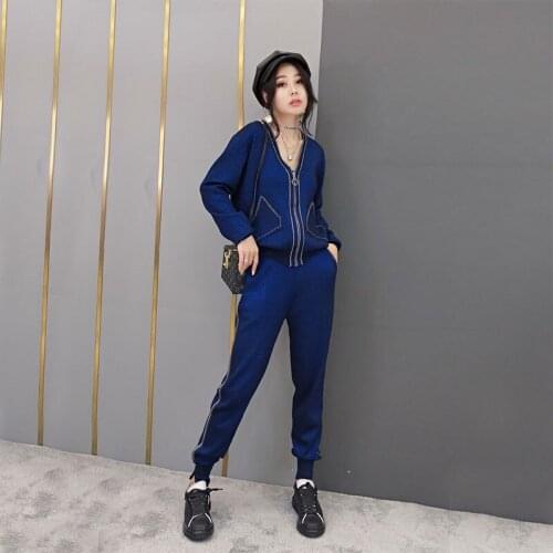 Autumn And Winter Blue Knitting Tracksuit Women 2 Piece Set Loose Knit Cardigan and Pants Two-Piece Suit