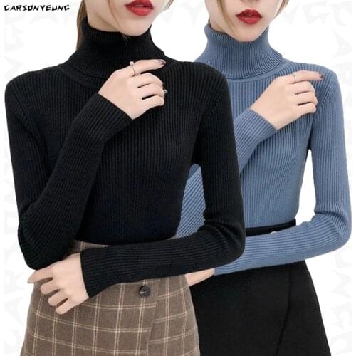 CARSONYEUNG Autumn Winter Knitted Jumper Tops turtleneck Pullovers Casual Sweaters Women Shirt Long Sleeve Tight Sweater Girls