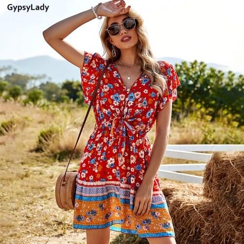 GypsyLady Red Boho Mini Dress Floral Print Summer Sexy Vintage Women Dress Short Sleeve V-neck Holiday Chic Ladies Female Dress