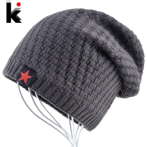 Mens hat winter skullies knitted wool hat plus velvet five-pointed star hip hop cap thicker bonnet beanies for men touca