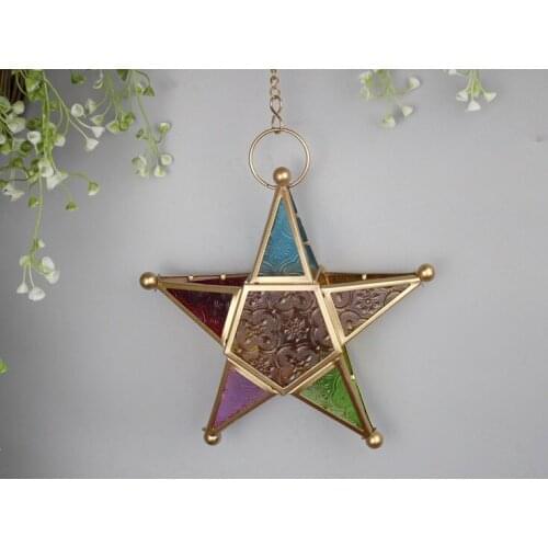 1PC Glass Candle Holders Moroccan Star Candlestick Metal Home Garden Lamps Large Hanging Tea Light Lanterns for Home Decor MK025